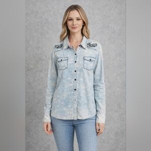 Roar Sky Blue Floral Embroidered Shirt